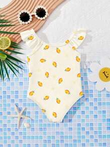 女婴奶油色休闲修身水果花卉图案连体泳衣，适合夏季 - 彩色 - 查看 2