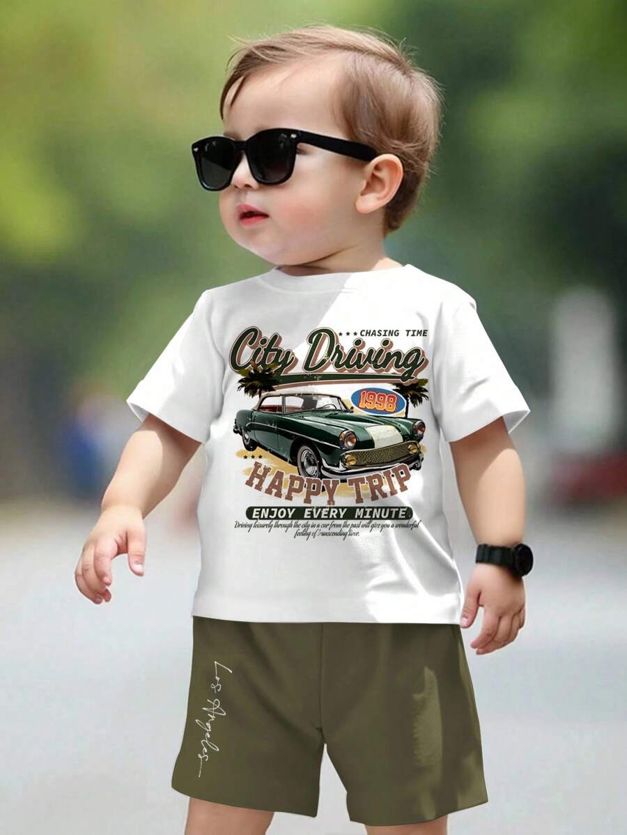 SHEIN ModeFlare Wear Baby Boy Casual Simple Cartoon Retro Print Short Sleeve T-Shirt And Shorts Set, Suitable For Summer - Army Green - View 1