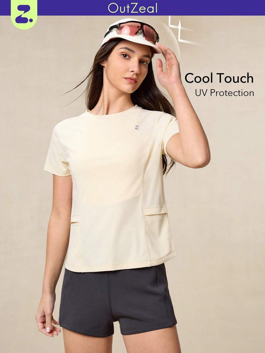 OutZeal 女士户外T恤，适合工作、健身穿着，夏季防紫外线，触感凉爽，圆领设计，带口袋。 - 黃色 - 查看 1