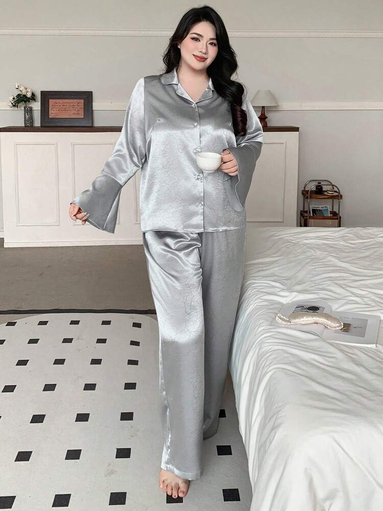 Dazy Plus Plus 2pcs Loose Fit Cardigan Flare Sleeve Top And Wide Leg Pants Pajama Set, Spring/Autumn, Fall Clothes