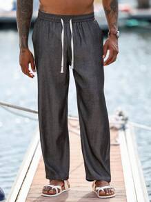 Manfinity Homme 男士牛仔效果抽绳腰口袋宽松休闲裤男抽绳裤男宽松裤男夏季度假沙滩裤 - 黑色 - 查看 4