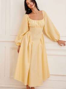 Chiquease Váy xòe tay đèn lồng phong cách Pháp thanh lịch, cổ vuông, eo thon, thiết kế ôm sát, thanh lịch, đa năng - Vàng nhạt - Xem 5