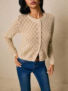 Poéselle Beige Crochet Knit Cardigan – Long Sleeve Hollow Out Button Down Sweater For Women,Crochet Cardigan Women,Knit Cardigan Sweater,Button Down Cardigan,Beige Knit Cardigan,Lightweight Cardigan,Boho Cardigan Women, Knitted Cardigan For Women In Fall/Winter - Apricot - View 5
