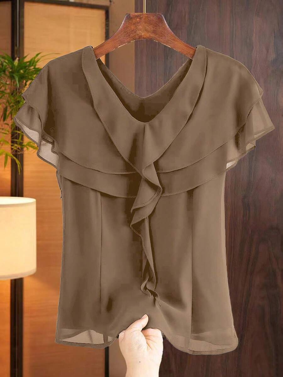 GlowEve 女式优雅纯色荷叶边下摆衬衫，夏季 - 卡其色 - 查看 1