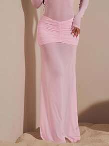 Opulessa 女式纯色针织网眼露肩长袖连衣裙 - 粉色 - 查看 8