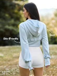 Fluxe 女士休闲纯色针织短款连帽修身夹克 - 藍色 - 查看 4