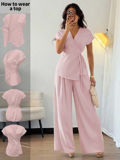 Elenzga Women's Elegant Wrap Bat Wing Sleeve Blouse And Wide Leg Loose Pants 2 Pieces Set, Woven Apricot Color, Suitable For Outing, Dating, Vacation Pink