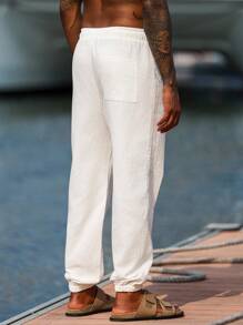 Manfinity Homme 男士纯色抽绳腰口袋休闲宽松棉质慢跑裤 - 白色 - 查看 3