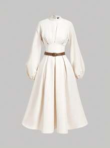 SHEIN MOD Women's Off-White Lantern Sleeve Mid-Length Dress With Belt,Elegant Autumn Tea Party Fall Dress,Halloween Clothes,Office Outfits,Western Wear,Winter - Apricot - View 2
