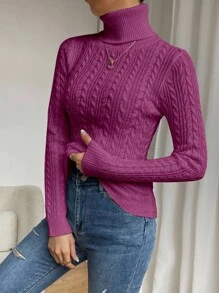 SHEIN 休闲纯色高领修身毛衣，秋冬针织套头衫 - 中紫紅色 - 查看 7