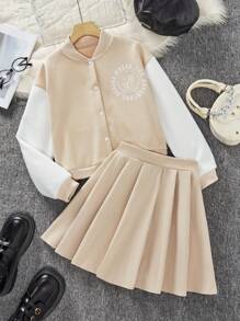 Women's Zip-Up Bomber Jacket With Contrast Sleeves And Pleated Mini Skirt Set - Khaki - View 3
