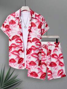 Manfinity KASUA 男士唇印短袖上衣和短裤，休闲沙滩装男士沙滩装套装度假套装男士 - 粉色 - 查看 1