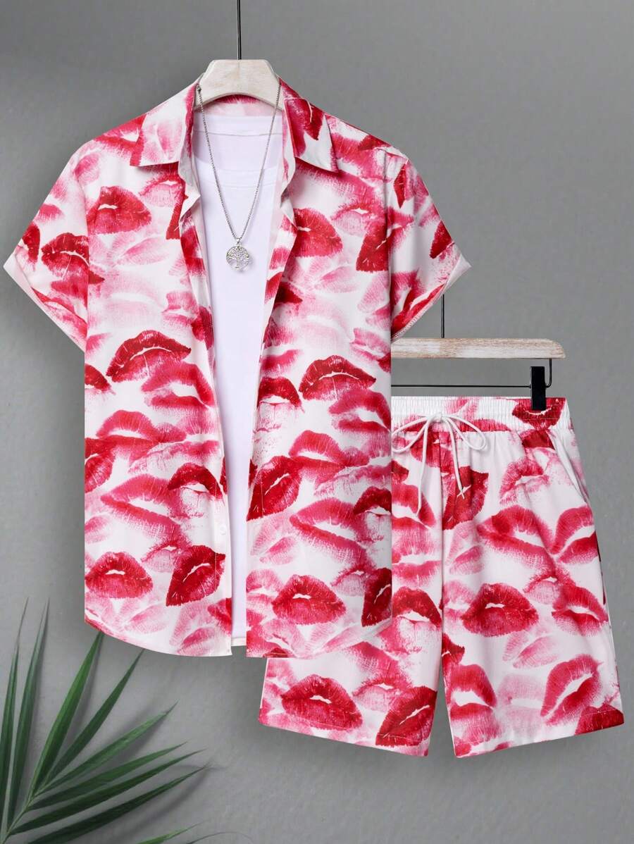 Manfinity KASUA 男士唇印短袖上衣和短裤，休闲沙滩装男士沙滩装套装度假套装男士 - 粉色 - 查看 1