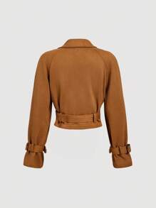 SHEIN MOD Women's Suede Short Trench Coat, Autumn Outerwear - Camel - View 3