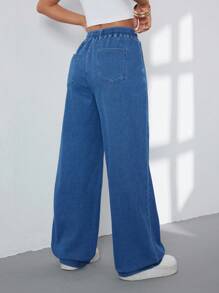 Flexra Elastic Waist Drawstring Cat's Whiskers Distressed Washed Knit Denim Pants - Medium Wash - View 2