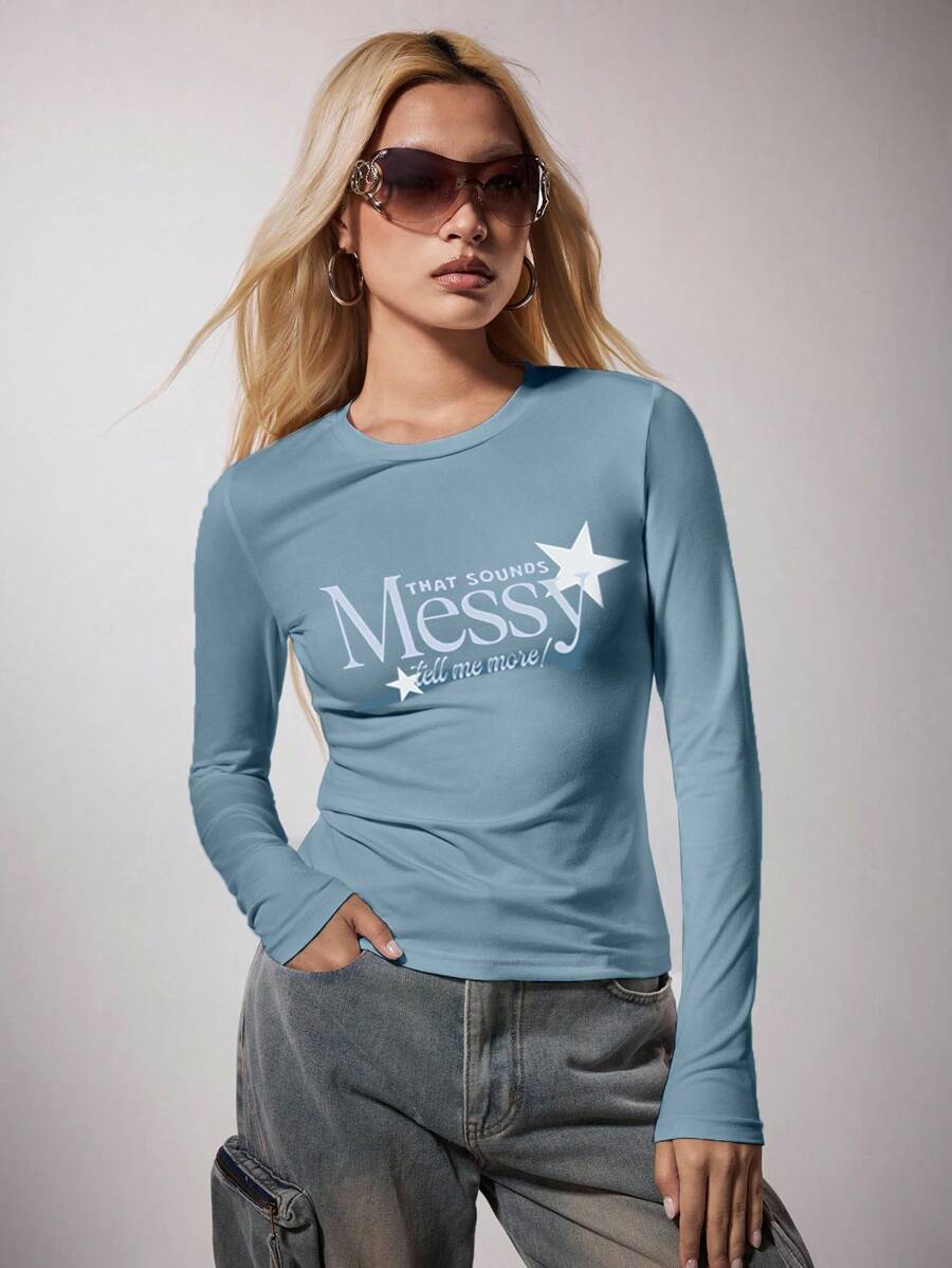 Pretty Bratty T-shirt femme à manches longues ajusté avec slogan graphique bleu décontracté, style Y2K années 2000, Top mignon pour l'automne, l'hiver et la rentrée scolaire, sexy pour les sorties - Bleu azur - Voir 1