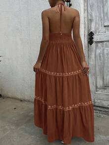 SHEIN EZwear 棕色编织刺绣连衣裙，露背领，女士度假风格 - 棕色 - 查看 2