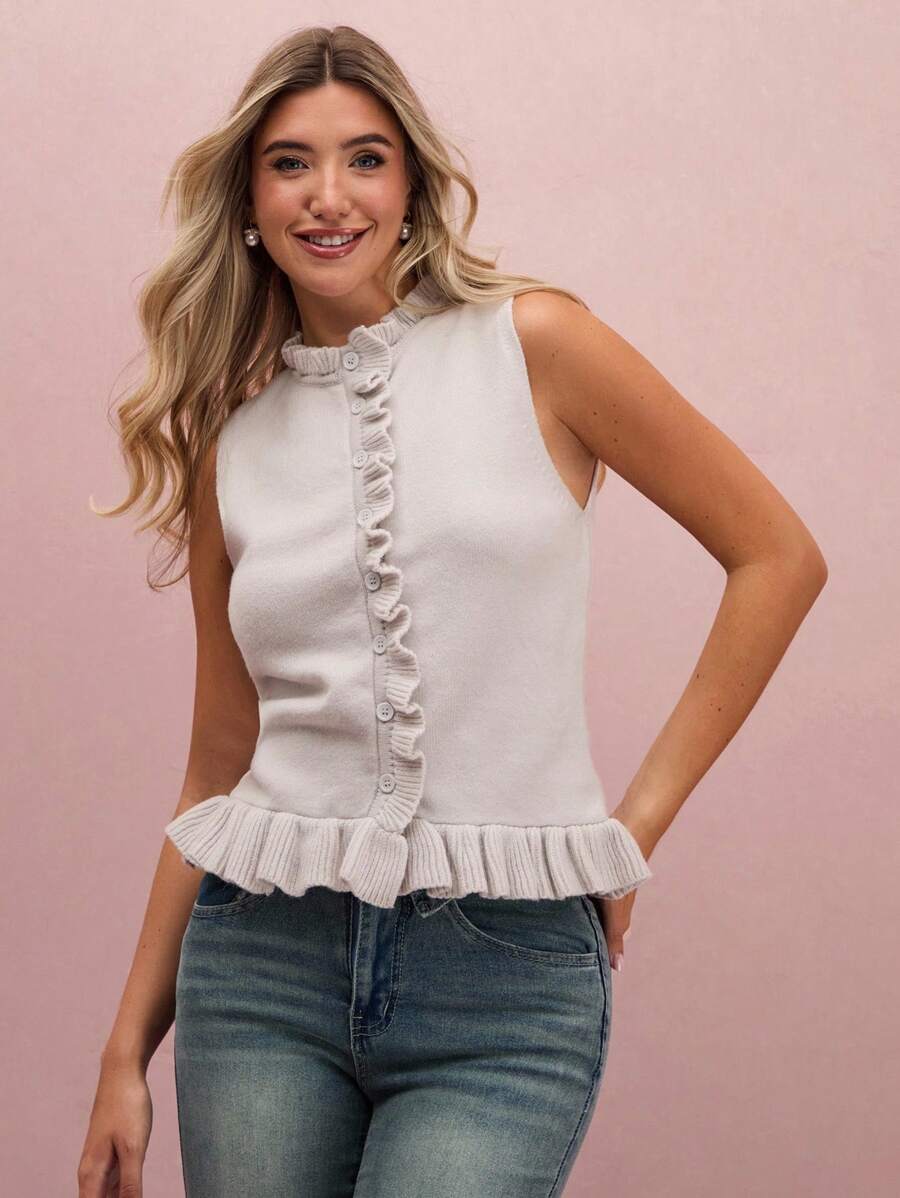 Enchnt Chaleco de punto de mujer de un solo pecho con volantes y bajo de moda de unicolor