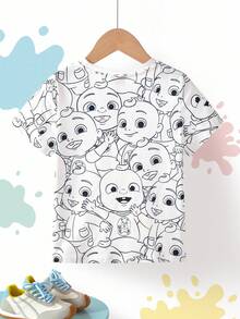 CoComelon X SHEIN Young Boy Black & White Line Sketch Cartoon Figure Graphic Crew Neck Summer Short Sleeve T-Shirt - White - View 3
