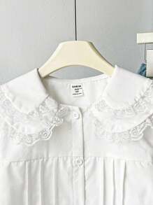 Tween Girl Ruffle Lace Patchwork Front Button Long Sleeve Shirt - White - View 3
