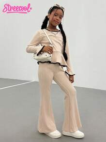 Tween Girl Contrast Trim Bell Sleeve T-Shirt And Flared Pants Set Fall Winter - Beige - View 5