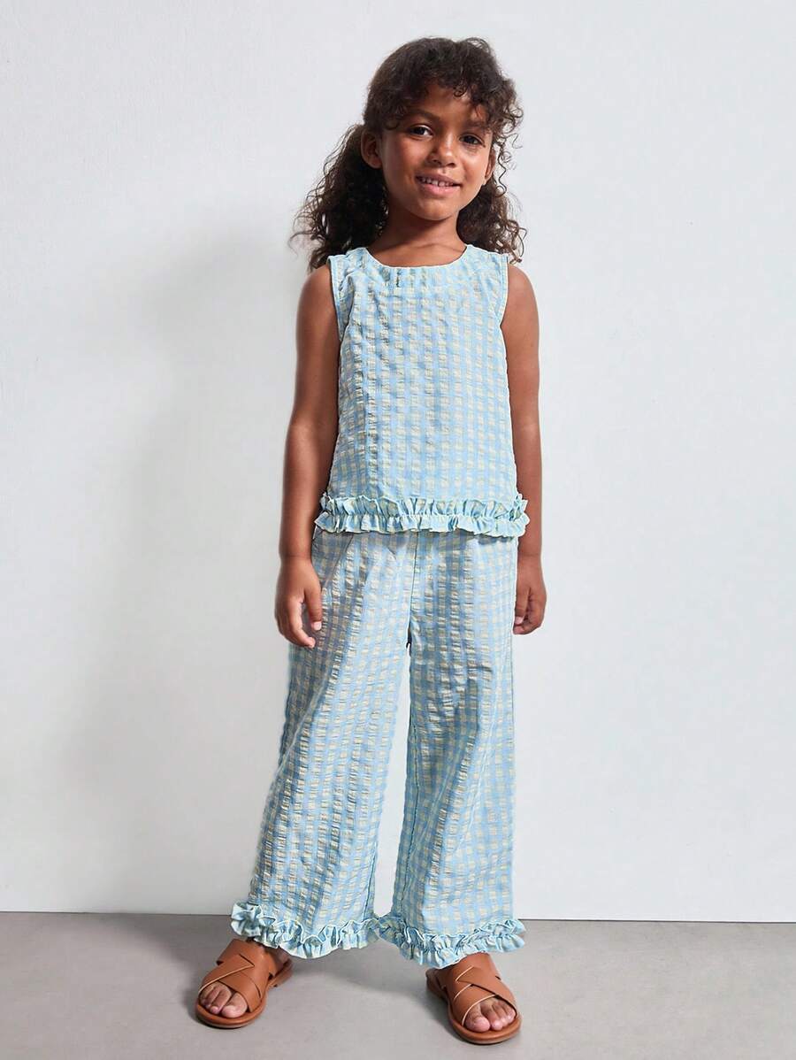 SHEIN Young Girl Plaid Print Round Neck Sleeveless Top And Pants Casual Suit - Multicolor - View 1
