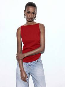 Maija Women's Red V-Neck Cold-Shoulder Camisole, Solid Color Ruched Asymmetric Hem Side Slit Fashionable Versatile Casual Blouse For Urban, Business Casual - Red - View 2