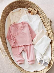 SHEIN 6pcs Newborn Solid Color Long Sleeve Top And Pants Set, Fashionable For Summer Fall Winter