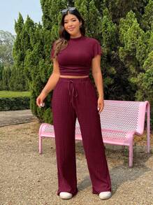 SHEIN EZwear 2 件套加大码纹理针织上衣和抽绳裤套装，休闲 - 酒紅色 - 查看 6