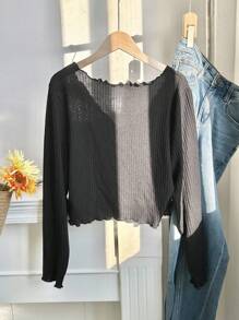 SHEIN EZwear Plus Lettuce Trim Button Front Tee - Black - View 2