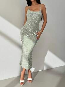 SHEIN PETITE Mùa hè gợi cảm tuyệt đẹp màu xanh bạc hà sequins Boho bãi biển trang phục đi nghỉ hòa nhạc cho phụ nữ váy cổ yếm mùa hè, trang phục mùa hè cho phụ nữ, trang phục câu lạc bộ phụ nữ gợi cảm, váy đi nghỉ lấp lánh, váy dự tiệc - màu xanh lá - Xem 4