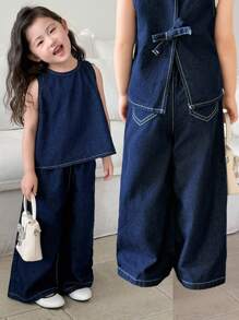 SHEIN Young Girl Pair Of Dark Blue Cute And Artistic Denim Sleeveless, Cool And Comfortable Vest And Loose Trousers,Spring And Summer Casual Vacation Country Boho Wear