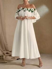 Roveilla فستان إليجانس للسيدات بياقة مكشوفة الكتف بتطريز زهري، ذو لون أحادي للمقاسات الكبيرة