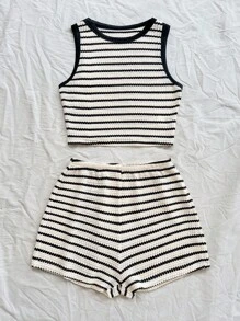 Soleia 2 件套女士度假拼色条纹针织纹理抹胸短款上衣，搭配蝴蝶结和松紧腰短裤，适合圣诞节、约会之夜、夜总会、海滩、游轮、下午茶、波西米亚风、波西米亚风、度假条纹两件套女士夏季套装夏季两件套两件短套装海滩 2 件套 - 黑與白 - 查看 4