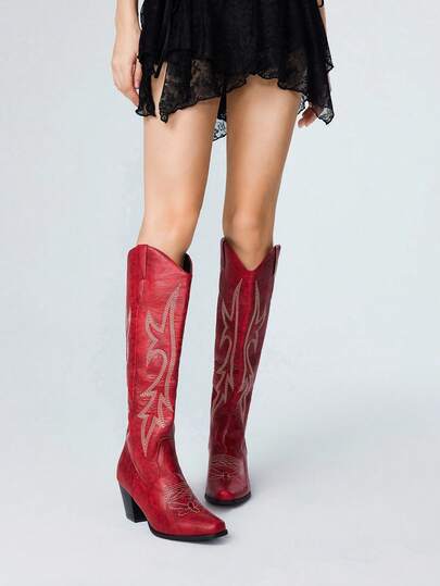 Fairycore Women's Cowgirl Boots, Slip-On Pull On, Wine Red Detail With Embroidery, Western Boots, Outdoor Fashion Casual Knee-High Boots