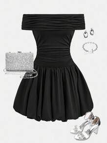 Teen Girls' Casual Elegant Chic Street & Commuting Mixed Solid Off Shoulder Patchwork Lantern Hemline Snug Fit Dress, Black - Black - View 2