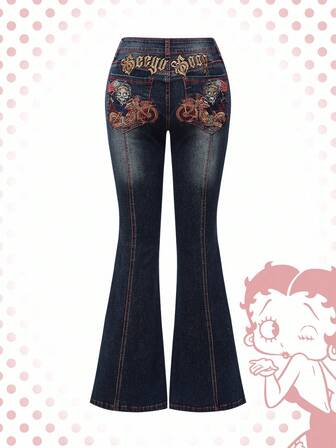 Betty Boop | ROMWE Plus Size Y2K Betty & Flag Embroidery Flare Low Waist Jeans