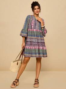 SHEIN VCAY Sukienka damska w paski, dekolt w serek, rękawy 3/4, plus size, krótka, marszczona w talii, luźna, swobodna, w stylu boho, do kolan, odpowiednia na lato i jesień - Wielokolorowe - Zobacz 5