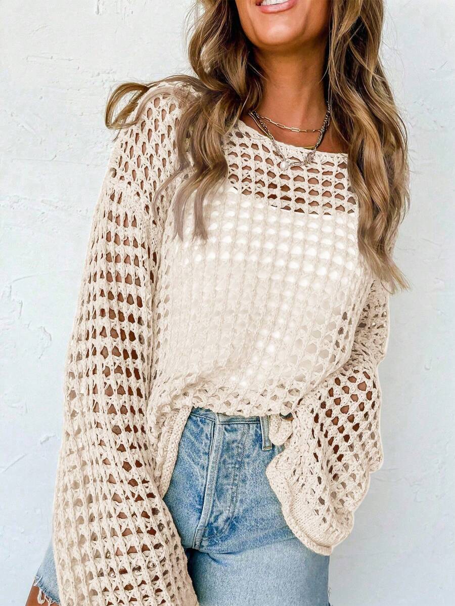 Breezaya 新款超大宽松复古镂空针织毛衣 - 杏色 - 查看 1