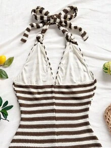 Soleia Women's Vacation Red & White Striped Knit Textured Deep V Neck Tie Front Jumpsuit, Slim Fit, Suitable For Party, Valentine's Day, Date, Layering, Christmas, Beach, Cruise, Festival, Easter, Boho Vacation Knitted Playsuit Beach Playsuit Vacation Outfit - Multicolor - View 5