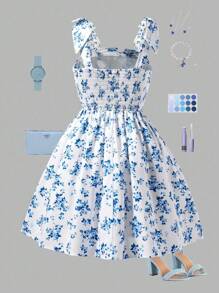 少女端庄优雅花卉印花针织无袖吊带背心裙，宽肩带，夏季舒适凉爽，新品，合身中长裙，适合学校，四季皆宜 - 藍色 - 查看 2