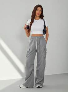 SHEIN Tall Women's Summer Streetwear Sport Basic Flap Pocket Side Drawstring Waist Parachute Grey Cargo Pants