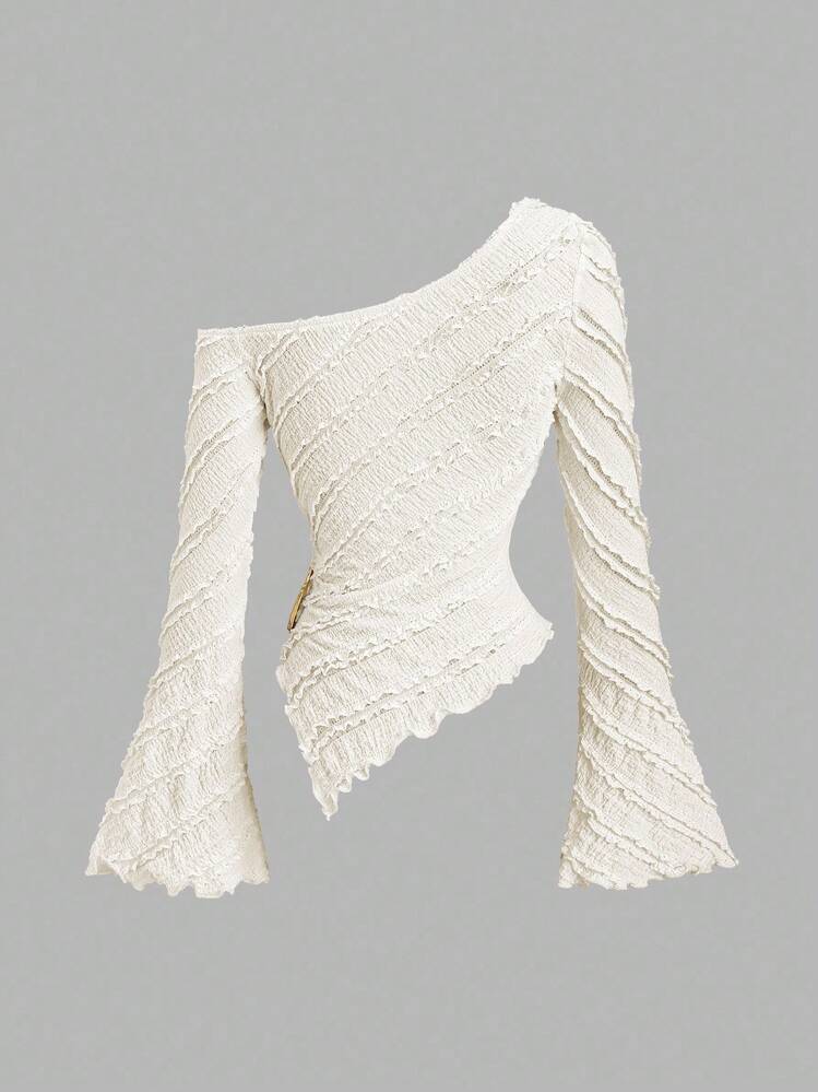 Sweetra Blusa feminina casual para viagem, primavera, verão e outono, tecido texturizado, bainha assimétrica, manga larga, design de decoração lateral em metal - Damasco - Ver 2