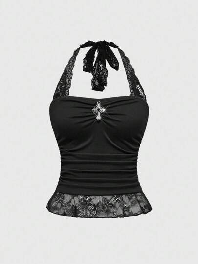 ROMWE Goth 哥特式 Y2K 性感对比蕾丝露背短款上衣，带有十字架装饰和腰部褶饰，万圣节