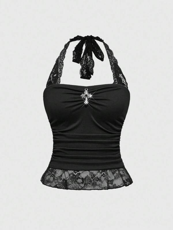 ROMWE Goth Top corto con cuello halter de encaje con contraste, decoración de cruz y cintura fruncida, estilo gótico Y2K sexy, para Halloween