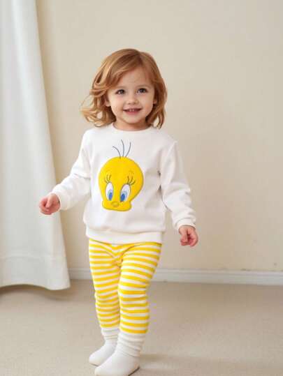 LOONEY TUNES X SHEIN 2pcs/Set Baby Girl Cartoon Embroidery Crew Neck Sweatshirt And Yellow-White Striped Printed Leggings, Suitable For Autumn/Winter Fall