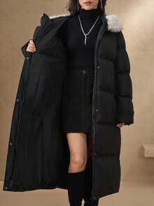 DAZY Women's Faux Fur Collar Hooded Long Sleeve Padded Coat, Autumn/Winter - Black - View 9