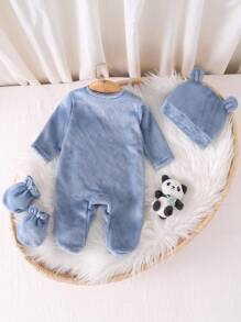 SHEIN 新生儿简约纯黄色长袖连体衣（含帽子和手套）婴儿家居服套装 - 霧霾藍 - 查看 2