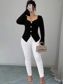 Elenzga 大码 V 领金属纽扣喇叭袖修身 T 恤 - 黑色 - 查看 3