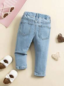 SHEIN 女婴牛仔裤，可爱休闲浅蓝色水洗白色心形印花弹力修身日常休闲女童牛仔裤，新款心形印花女童牛仔裤 - 淺色水洗藍 - 查看 2